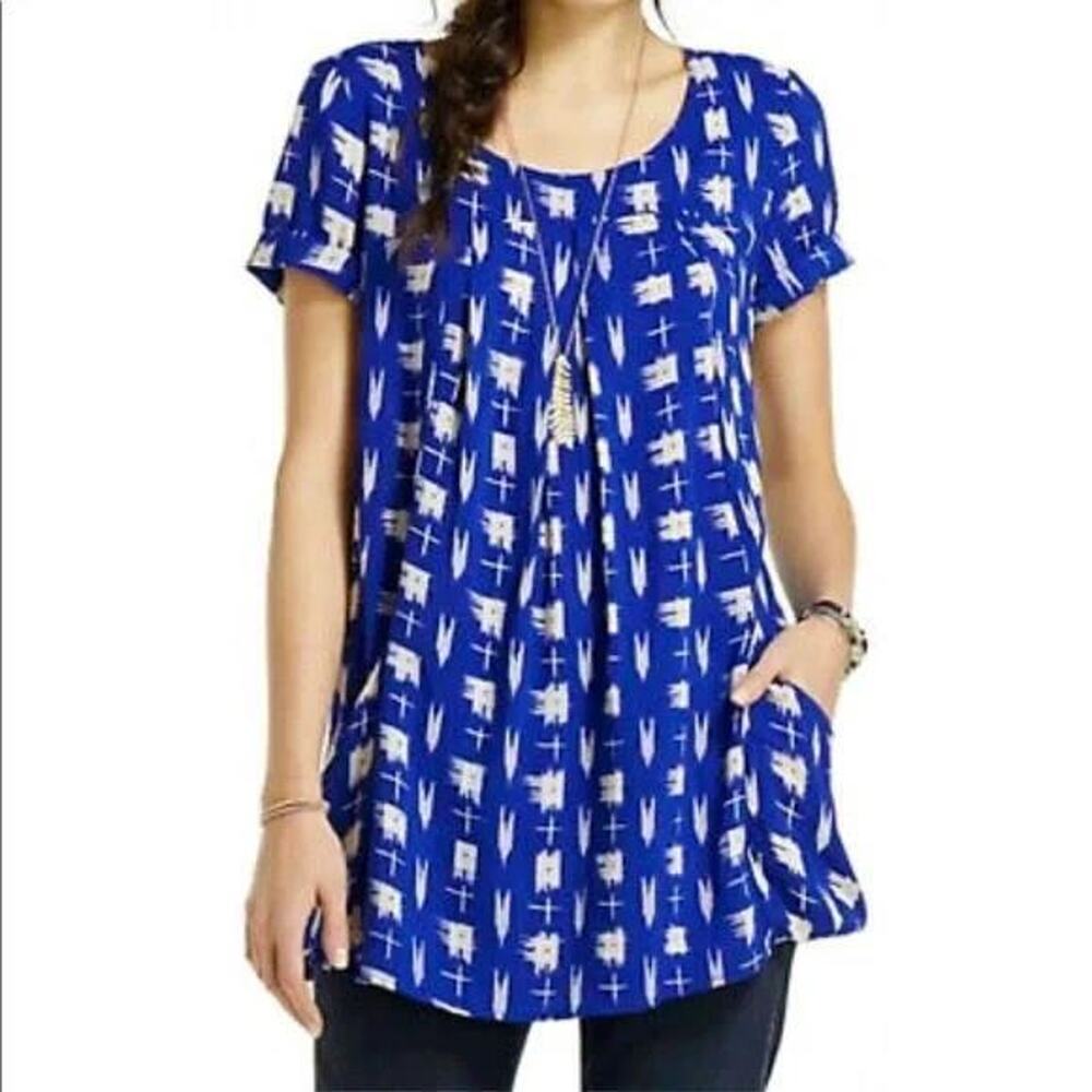ANTHROPOLOGIE HOLDING HORSES sz XS Bold blue abstraction tunic top EUC